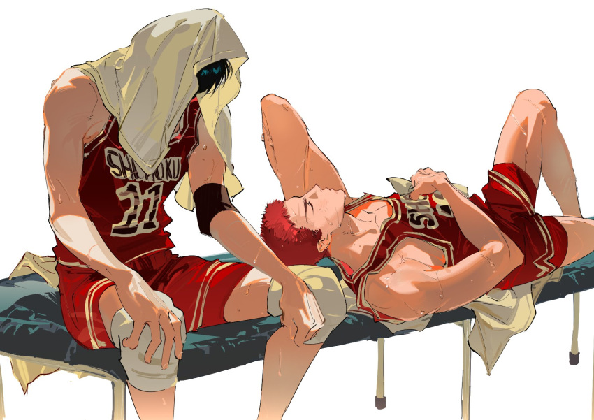 2boys atie1225 basketball_jersey basketball_uniform black_hair buzz_cut chinese_commentary closed_eyes elbows_on_table highres knee_guards lying male_focus multiple_boys on_back red_hair red_shirt red_shorts rukawa_kaede sakuragi_hanamichi shirt short_hair shorts simple_background slam_dunk_(series) sleeveless sleeveless_shirt sportswear towel towel_on_head very_short_hair white_background white_towel