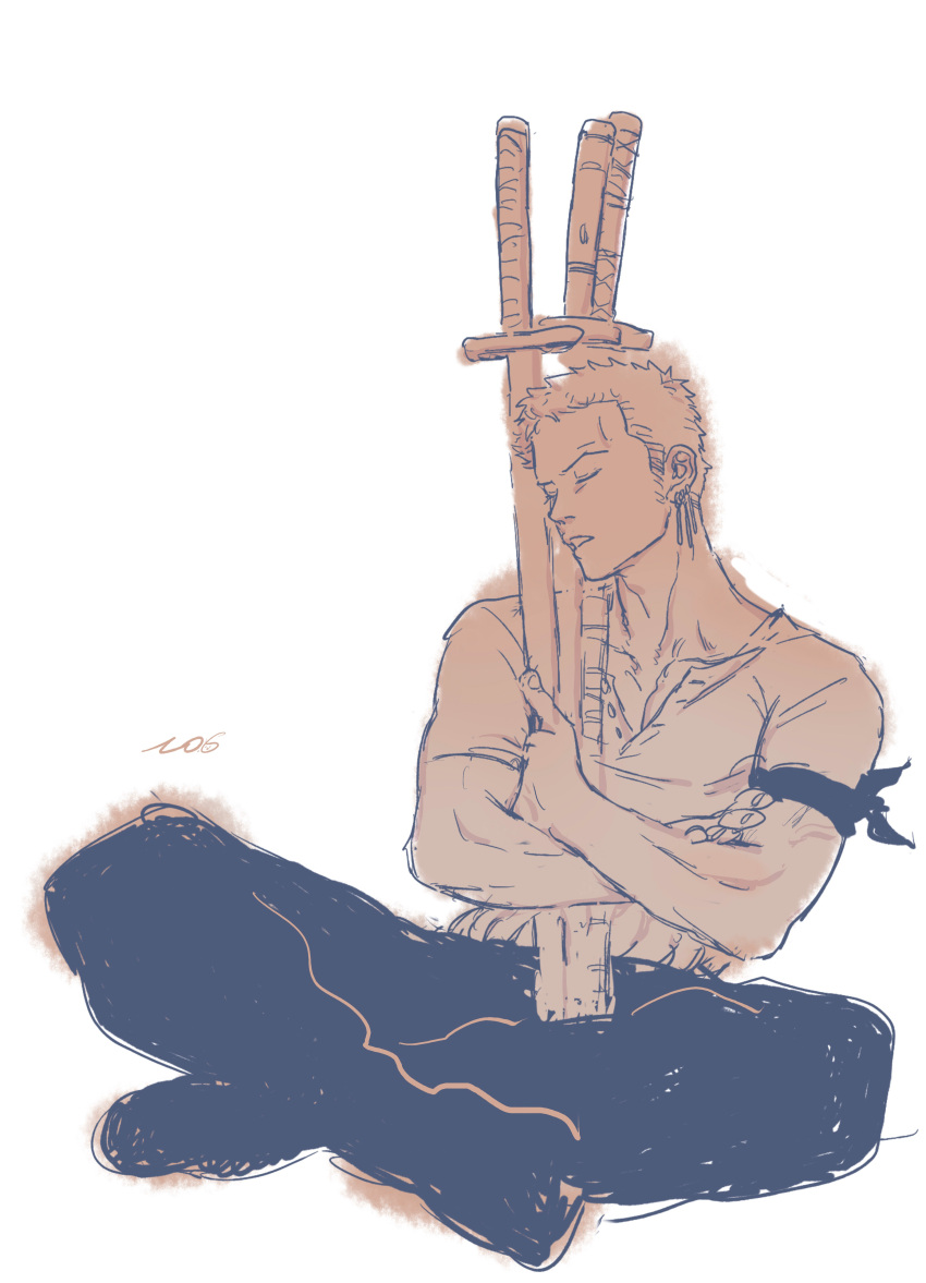1boy absurdres earrings full_body highres jewelry male_focus monochrome no.6_(numberr_6) object_hug one_piece roronoa_zoro short_hair sideburns sitting sketch sleeping sleeping_upright solo