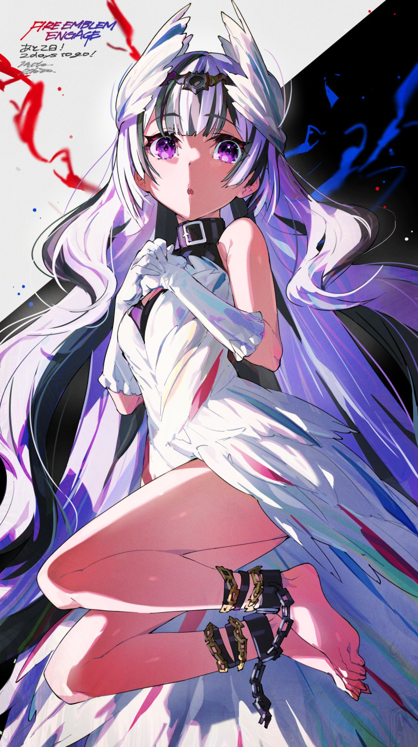 1girl bangs black_hair breasts dress feather_dress feather_hair_ornament feathers fire_emblem fire_emblem_engage grey_hair hair_ornament highres long_hair looking_at_viewer mika_pikazo multicolored_hair official_art purple_eyes small_breasts smile solo two-tone_hair very_long_hair veyle_(fire_emblem) wavy_hair white_dress