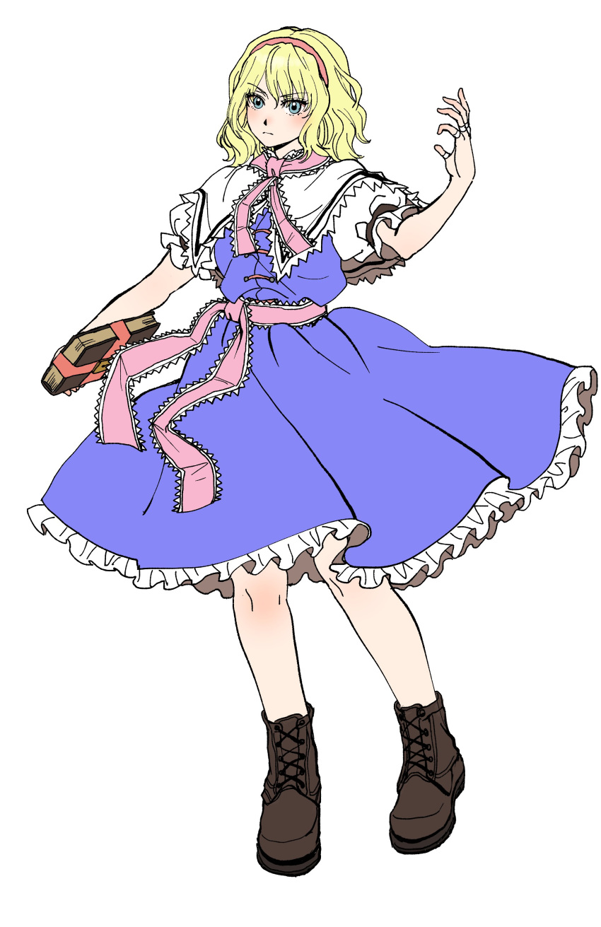 1girl absurdres alice_margatroid ascot blonde_hair blue_dress blue_eyes boots brown_footwear capelet cross-laced_footwear dress frilled_ascot frilled_dress frilled_sash frills full_body grimoire_of_alice highres kuya_(hey36253625) medium_hair pink_ascot pink_sash puffy_short_sleeves puffy_sleeves red_ascot sash short_sleeves simple_background sketch solo touhou white_background white_capelet