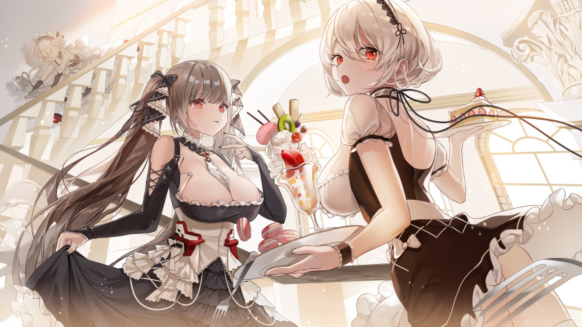 3girls :o absurdres apron ass azur_lane back_cutout bare_shoulders between_breasts black_dress black_nails black_ribbon breasts brown_dress cleavage clothes_lift clothing_cutout detached_collar didtldms0312 dress dress_lift falling food fork formidable_(azur_lane) framed_breasts frilled_dress frilled_gloves frills from_below fruit gloves gothic_lolita grey_hair handrail highres holding holding_tray indoors kiwi_(fruit) kiwi_slice lace-trimmed_hairband lace_trim large_breasts layered_dress little_bel_(azur_lane) lolita_fashion long_hair long_sleeves looking_at_another looking_at_viewer looking_down looking_to_the_side macaron maid maid_headdress multiple_girls nail_polish necktie necktie_between_breasts parfait puffy_short_sleeves puffy_sleeves red_eyes ribbon short_hair short_sleeves sirius_(azur_lane) skirt_hold stairs stone_stairs tray twintails two-tone_dress two-tone_ribbon very_long_hair waist_apron whipped_cream white_apron white_dress white_hair white_ribbon window