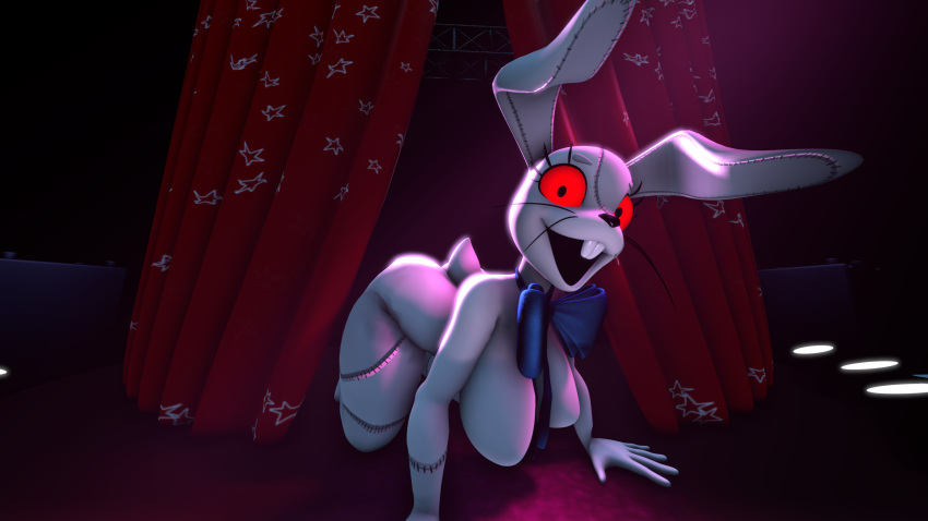 3d_(artwork) absurd_res all_fours anthro bludergat99 breasts digital_media_(artwork) female five_nights_at_freddy's glowing glowing_eyes hi_res lagomorph leporid looking_at_viewer mammal rabbit scottgames smile solo source_filmmaker stage stitch_(sewing) vanny_(fnaf) whiskers