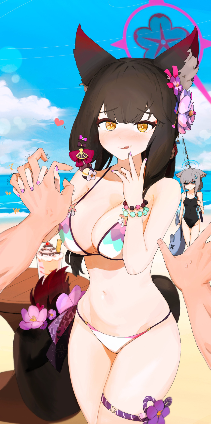 1boy 2girls absurdres animal animal_ears beach bead_bracelet beads bikini black_hair black_one-piece_swimsuit blue_archive blue_eyes blue_sky bonefire0909 bracelet breasts closed_mouth day fish fishing_rod flower fox_ears fox_girl fox_tail grey_hair halo heart highres holding holding_animal holding_fish holding_fishing_rod holding_hands interlocked_fingers jewelry large_breasts licking_lips long_hair looking_at_viewer multicolored_bikini multicolored_clothes multiple_girls one-piece_swimsuit outdoors pov pov_hands purple_nails shaded_face shiroko_(blue_archive) shiroko_(swimsuit)_(blue_archive) sky solo_focus swimsuit tail tail_flower tail_ornament thigh_strap tongue tongue_out wakamo_(blue_archive) wakamo_(swimsuit)_(blue_archive) white_bikini wolf_ears yellow_eyes