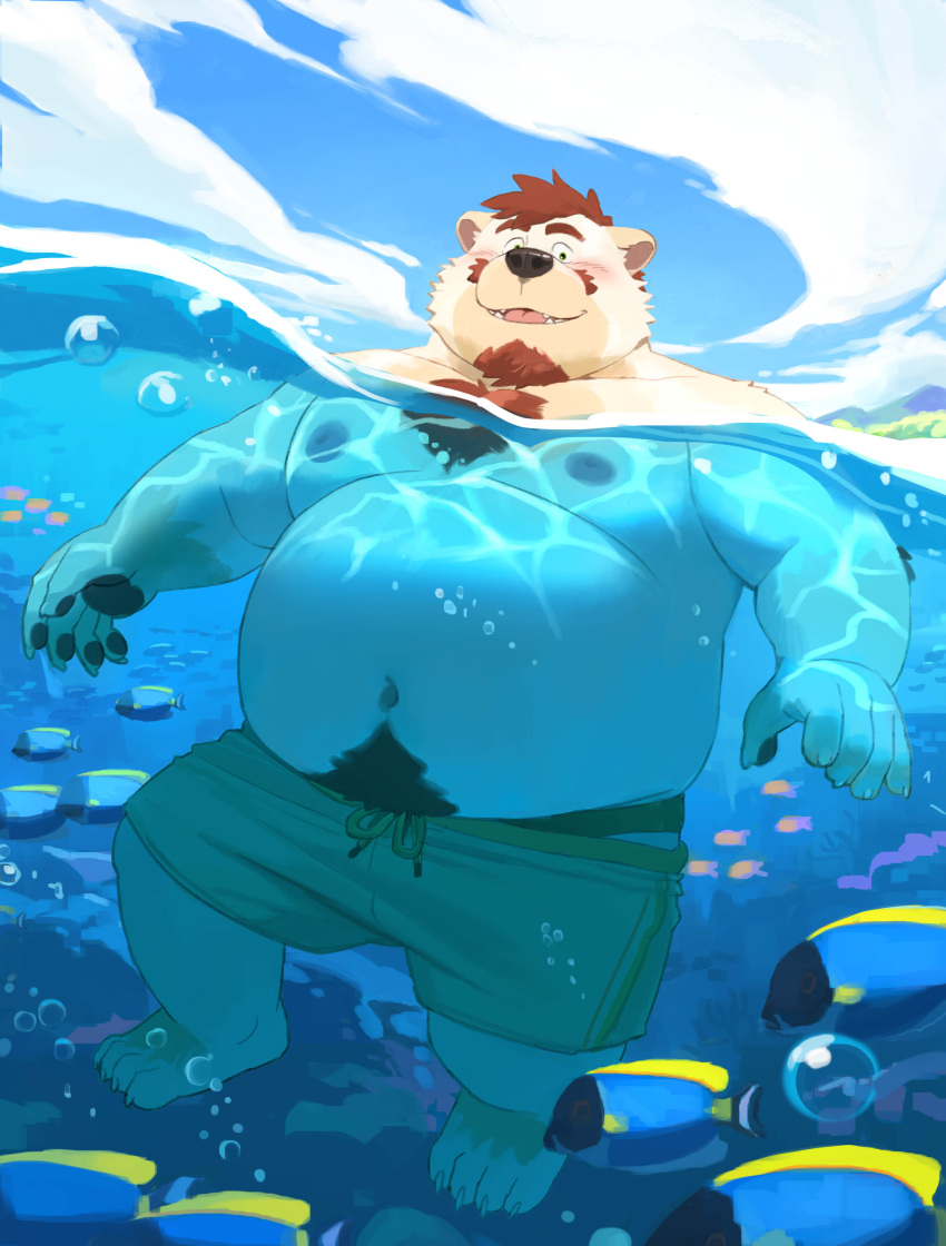 2023 absurd_res ambient_sealife anthro bear belly big_belly blush clothing hi_res humanoid_hands huynhduyad14 kemono male mammal marine moobs navel nipples overweight overweight_male solo swimwear water