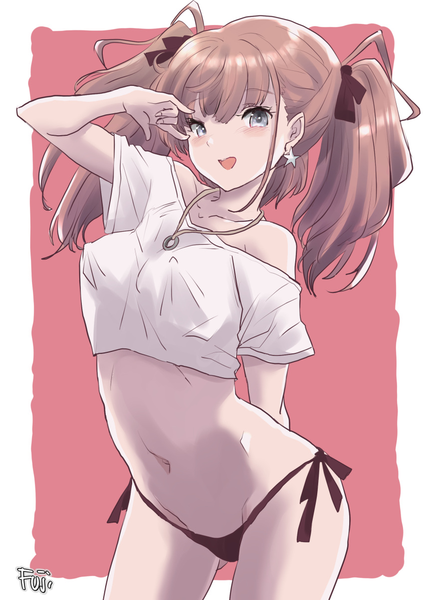 1girl \m/ alternate_costume atlanta_(kancolle) black_panties breasts brown_hair contrapposto earrings fuji_(pixiv24804665) grey_eyes hair_ribbon highres jewelry kantai_collection long_hair looking_at_viewer medium_breasts necklace off-shoulder_shirt off_shoulder panties pink_background ribbon shirt side-tie_panties solo star_(symbol) star_earrings tied_shirt two_side_up underwear white_shirt