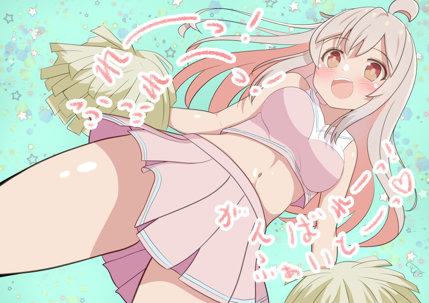 1girl absurdres ahoge alternate_breast_size bangs bare_arms bare_shoulders blonde_hair blush breasts brown_eyes cheerleader commentary_request crop_top hair_between_eyes highres long_hair looking_at_viewer medium_breasts midriff momurya navel onii-chan_wa_oshimai! open_mouth oyama_mahiro pink_skirt pleated_skirt pom_pom_(cheerleading) skirt solo star_(symbol) starry_background thighs translation_request