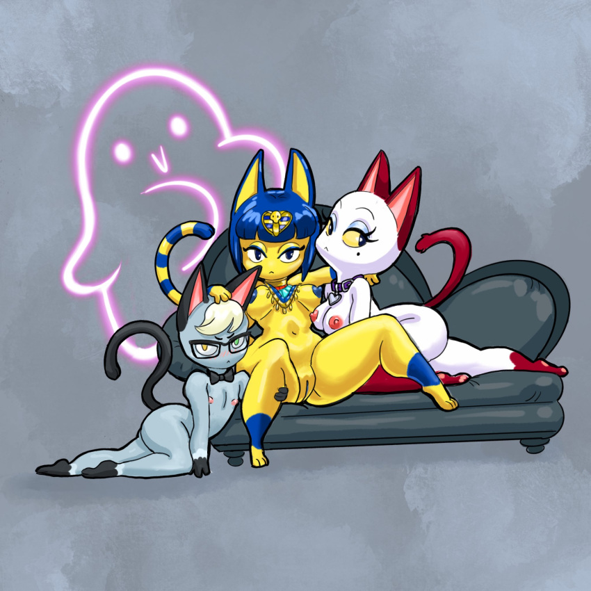 animal_crossing ankha_(animal_crossing) breasts colored_nipples couch dom furry furry_female furry_male highres navel nipples olivia_(animal_crossing) phantomdame pussy raymond_(animal_crossing) tail