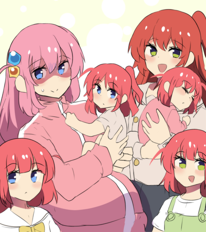 6+girls absurdres baby baby_carry bangs blue_eyes bocchi_the_rock! carrying cube_hair_ornament gotou_hitori hair_between_eyes hair_ornament highres hinghoi if_they_mated ips_cells jacket kita_ikuyo long_hair multiple_girls one_side_up open_mouth pink_hair pink_jacket pregnant red_hair school_uniform shaded_face smile track_jacket