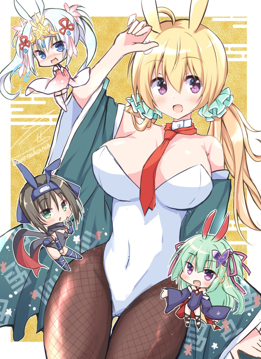 2023 4girls @_@ ahoge animal_ears aqua_scrunchie bangs bare_shoulders between_breasts black_hair black_leotard black_scarf blonde_hair blue_eyes blush breasts butterfly_hair_ornament chestnut_mouth chibi chibi_inset chinese_zodiac choker cleavage commentary_request covered_navel cross-laced_footwear detached_sleeves egasumi embarrassed eyelashes fishnet_pantyhose fishnets floral_print flower forehead_protector green_eyes green_hair green_sleeves hair_between_eyes hair_flower hair_ornament hair_over_shoulder hair_ribbon hair_scrunchie happy_new_year highres hime_cut hitachi_mako index_finger_raised large_breasts lena_liechtenauer leotard long_hair looking_at_viewer multiple_girls murasame_(senren) necktie necktie_between_breasts open_mouth pantyhose playboy_bunny purple_eyes rabbit_ears red_necktie red_ribbon ribbon scarf scrunchie senren_banka short_hair sidelocks signature simple_background sleeves_past_wrists smile solo_focus standing thigh_gap thighhighs thighs tomotake_yoshino twintails two_side_up usetsuhanten wavy_mouth white_choker white_hair white_leotard white_sleeves white_thighhighs wide_sleeves year_of_the_rabbit yellow_background