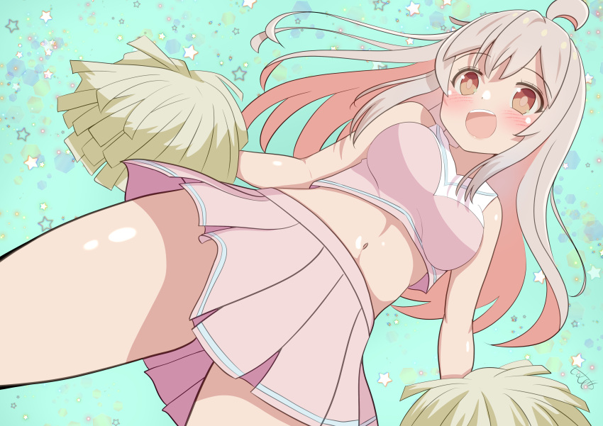 1girl absurdres ahoge alternate_breast_size bangs bare_arms bare_shoulders blonde_hair blush breasts brown_eyes cheerleader commentary_request crop_top hair_between_eyes highres long_hair looking_at_viewer medium_breasts midriff momurya navel onii-chan_wa_oshimai! open_mouth oyama_mahiro pink_skirt pleated_skirt pom_pom_(cheerleading) skirt solo star_(symbol) starry_background textless_version thighs
