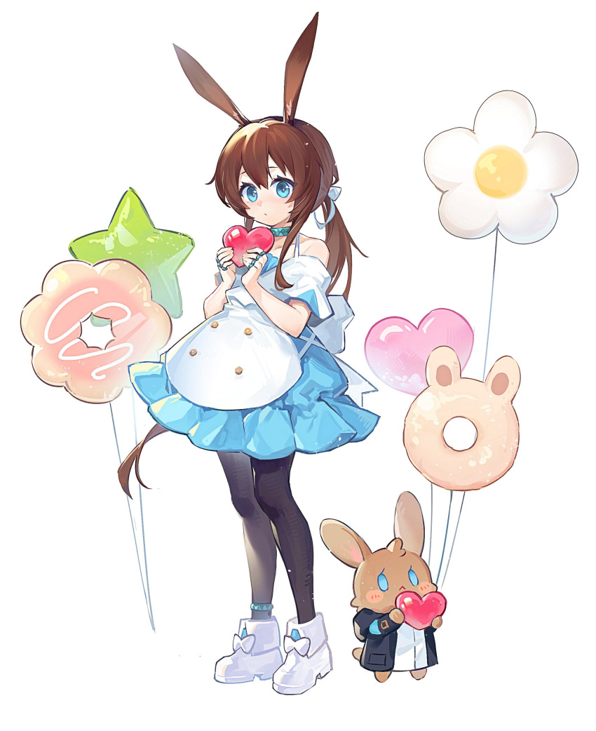 1girl absurdres amiya_(arknights) animal_ear_fluff animal_ears apron arknights balloon bangs bare_shoulders black_jacket black_pantyhose blue_dress blue_eyes brown_hair collarbone commentary_request dress full_body hair_between_eyes heart heart_balloon highres holding jacket jewelry long_hair low_ponytail open_clothes open_jacket pantyhose ponytail rabbit_ears ring shirt shoes simple_background solo standing star_balloon stuffed_animal stuffed_bunny stuffed_toy very_long_hair white_apron white_background white_footwear white_shirt zzzzz2018