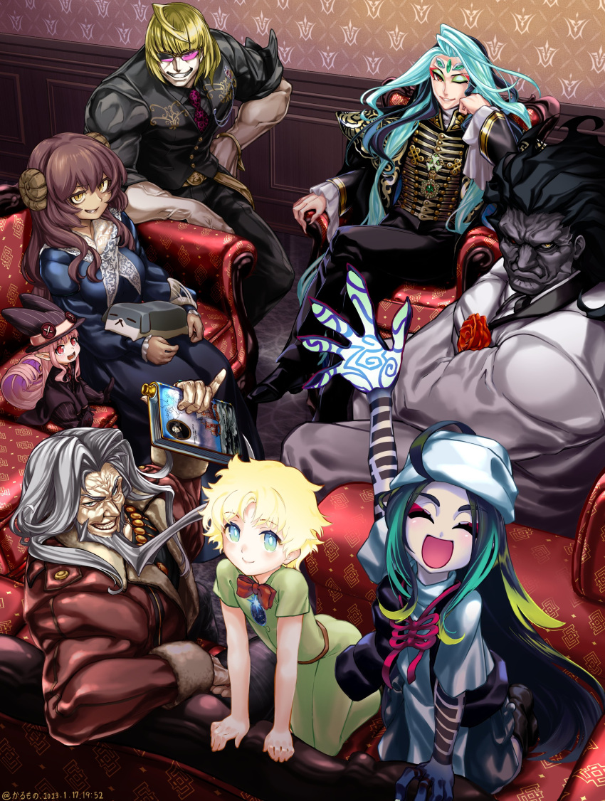 1other 2girls 5boys absurdres black_hair black_skin blonde_hair blue_dress bow bowtie brown_hair christopher_columbus_(fate) colored_skin couch dress facial_hair fate/grand_order fate_(series) fedora formal goatee green_hair grey_hair habetrot_(fate) hat heracles_(fate) highres karu_mono long_hair mary_anning_(fate) multiple_boys multiple_girls necktie one_eye_closed pink_hair pointy_ears sakata_kintoki_(fate) sakata_kintoki_(formal_dress)_(fate) shi_huang_di_(fate) shi_huang_di_(festival_outfit)_(fate) sitting smile suit sunglasses taisui_xingjun_(fate) voyager_(fate) waving