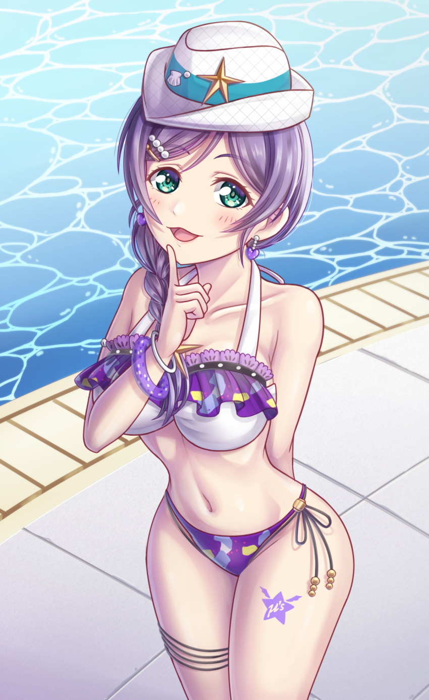 1girl bangs bikini blush bracelet braid breasts commentary cowboy_shot earrings finger_to_mouth frilled_bikini frills green_eyes hair_over_shoulder headwear_request heart heart_earrings highres jewelry large_breasts leg_tattoo linea_alba long_hair looking_at_viewer love_live! love_live!_school_idol_festival love_live!_school_idol_project mismatched_bikini narrow_waist navel official_alternate_costume open_mouth parted_bangs poolside purple_bikini purple_hair side-tie_bikini_bottom side_braid solo swimsuit tattoo thigh_strap toujou_nozomi tsukimi_seiya unmoving_pattern white_bikini white_headwear