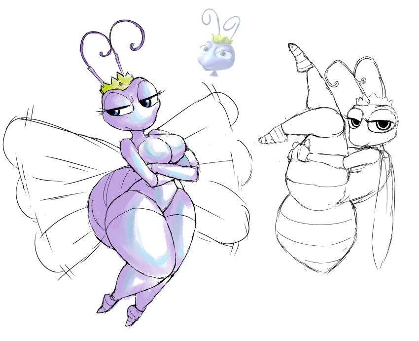2022 a_bug's_life absurd_res ant antennae_(anatomy) anthro arthropod clothing crossed_arms crown disney featureless_crotch female fisherneph flying headgear headgear_only headwear headwear_only hi_res hymenopteran insect looking_aside looking_at_viewer mostly_nude pixar princess_atta purple_body reference_image simple_background sketch solo thick_thighs white_background