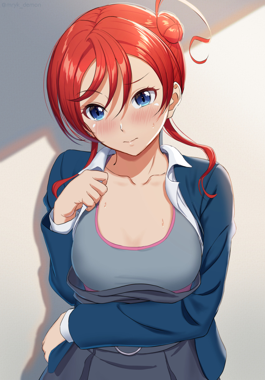 1girl against_wall bangs blue_eyes blue_jacket blush breasts cleavage closed_mouth collarbone dress_shirt grey_sports_bra hair_between_eyes highres jacket long_hair long_sleeves love_live! love_live!_superstar!! low_twintails medium_breasts murayuki1404 open_clothes open_jacket open_shirt red_hair shirt solo sports_bra sweatdrop twintails upper_body white_shirt yoneme_mei