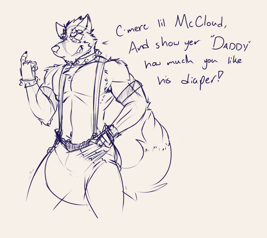 anthro canid canine canis daddy_kink dialogue diaper eye_patch eyewear hi_res male mammal muscular muscular_male nintendo pecs solo star_fox suspenders tenshokaiser text wolf wolf_o'donnell