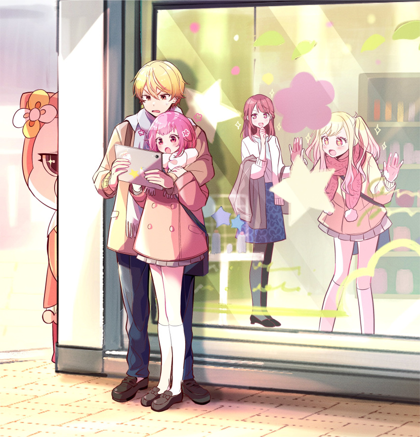 +_+ 1boy 3girls :d :o absurdres arm_grab bag bangs blonde_hair buttons cardigan coat commentary_request flower full_body gradient_hair hair_between_eyes hetero highres holding holding_tablet_pc kneehighs leaf long_hair long_sleeves miyamasuzaka_girls'_academy_school_uniform momomo_(m0_3) multicolored_hair multiple_girls ootori_emu ootori_hinata open_mouth orange_eyes orange_hair pantyhose peeking pink_eyes pink_hair pocket project_sekai scarf school_uniform short_hair skirt smile socks standing star_(symbol) tablet_pc tenma_saki tenma_tsukasa white_cardigan white_socks window winter_clothes winter_coat yellow_cardigan