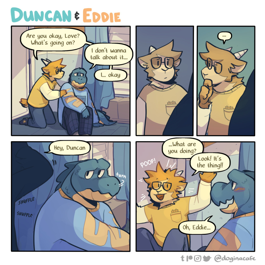 anthro blush bovid caprine clothing comic crocodile crocodilian crocodylid dialogue doginacafe duncan_(doginacafe) duo eddie_(doginacafe) ellipsis english_text eyewear fluffy glasses goat hi_res male male/male mammal onomatopoeia reptile romantic romantic_couple sad scalie sound_effects speech_bubble sweater text topwear