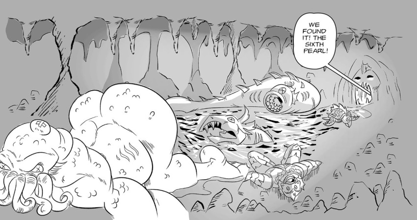 beak butt_crack cave creature_from_the_black_lagoon cthulhu dragon_ball dragon_ball_z english_text funsexydb greyscale lake monochrome monster no_humans scales sharp_teeth stalactite stalagmite teeth tentacles top-down_bottom-up unconscious