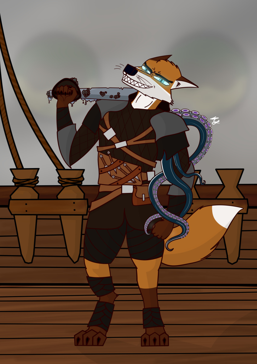 absurd_res anthro armor black_nose blue_eyes canid canine claws ear_markings fox glowing glowing_eyes grey_background hi_res inner_ear_fluff kojot_fox_(artist) kraken leather leather_armor likoyt_redfur_(character) male mammal melee_weapon multicolored_body rope sharp_teeth ship_deck simple_background solo straps_across_chest sword tail teeth tentacles throwing_knife tuft two_tone_body water_drop weapon whiskers