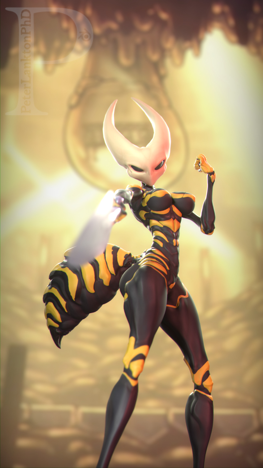 angry arthropod arthropod_abdomen black_and_yellow_body black_body black_eyes blurred_background breasts butt compound_eyes female fist hi_res hollow_knight horn hornet hornet_(hollow_knight) hymenopteran insect looking_at_viewer markings melee_weapon nippleless peterlangtonsfm polearm solo solo_focus spear stinger team_cherry threatening vespid wasp weapon weapon_pointed_at_viewer white_head yellow_markings