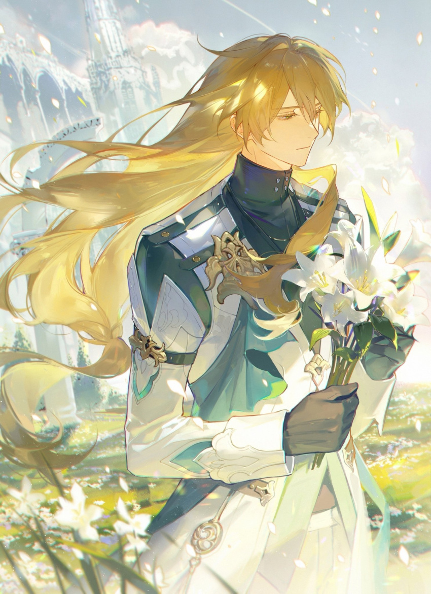 1boy black_gloves blonde_hair bouquet closed_mouth cloud flower gloves hair_between_eyes half-closed_eyes high_collar highres holding holding_bouquet honkai:_star_rail honkai_(series) jacket lily_(flower) long_eyelashes long_hair long_sleeves looking_to_the_side luocha_(honkai:_star_rail) male_focus renjian_shilian solo standing upper_body white_flower wind