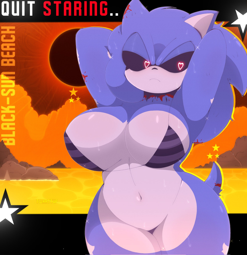 &lt;3 &lt;3_eyes anthro beach big_breasts bodily_fluids bottomless breasts clothed clothing crossgender eulipotyphlan exe_(revie) female hands_behind_back hedgehog hi_res looking_away mammal navel sea seaside solo sonic.exe sweat twhattup water