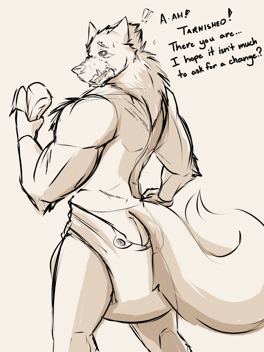 anthro black_sclera blaidd_(elden_ring) bodily_fluids butt canid canine canis diaper elden_ring fromsoftware hi_res male mammal muscular muscular_male solo surprise sweat sweatdrop tenshokaiser text wolf