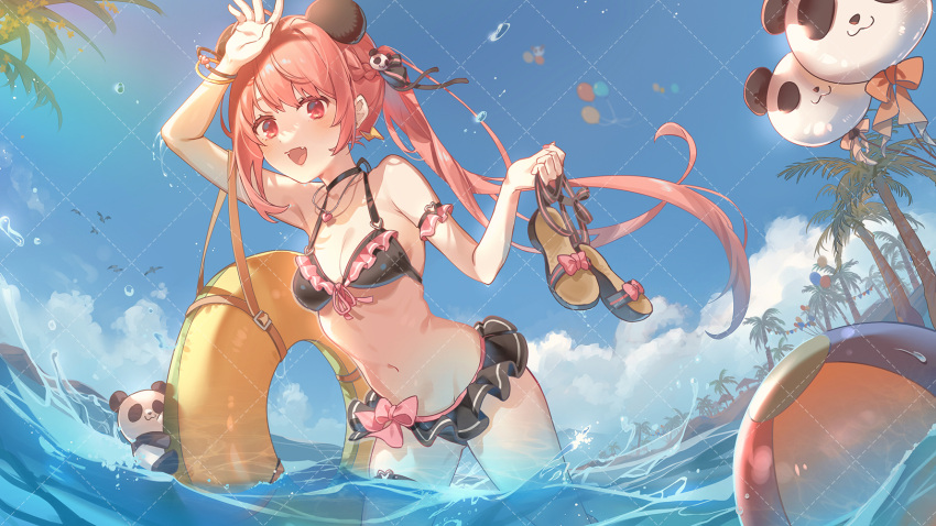 1girl :d animal_ears arm_up az_(zero_glvimayhop) bangs bikini black_bikini black_ribbon blue_sky bow bracelet breasts character_request cleavage cloud collarbone day floating_hair frilled_bikini frills front-tie_bikini_top front-tie_top hair_ornament hair_ribbon heart_pendant highres holding holding_clothes holding_footwear innertube jewelry long_hair ocean open_mouth outdoors palm_tree panda panda_ears panda_hair_ornament pink_bow pink_hair ponytail red_eyes ribbon sky small_breasts smile solo summer swimsuit tree very_long_hair wading
