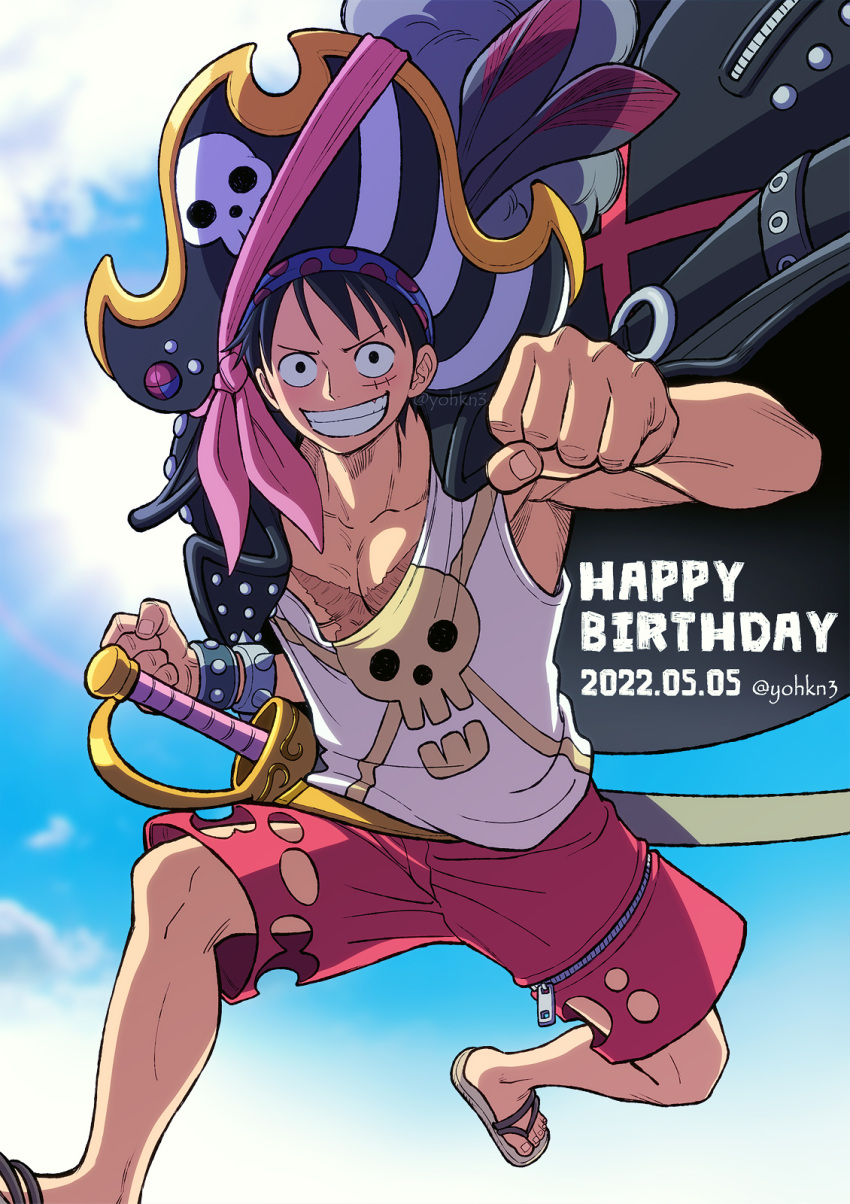 1boy blue_sky cape english_text facing_viewer grin hat highres jolly_roger jumping looking_at_viewer monkey_d._luffy one_piece pirate_hat punching sandals scar scar_on_face shirt shorts sky smile t-shirt teeth youkan_(tako)