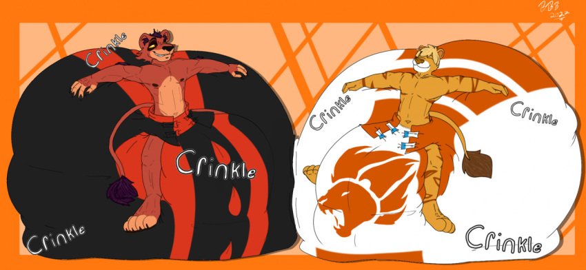 anthro big_diaper bigbearbruno blonde_hair diaper duo felid fur hair hybrid liger lion male male/male mammal nuka orange_body orange_fur pantherine relaxing yellow_sclera