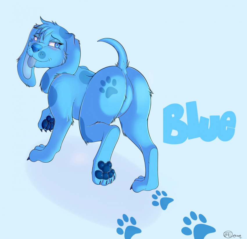 2021 blue's_clues blue_(blue's_clues) blue_body blue_eyes blue_fur butt canid canine canis domestic_dog ears_down female feral footprint fur half-closed_eyes hi_res jimfoxx looking_at_viewer looking_back mammal narrowed_eyes nickelodeon nude pawprint pawprint_marking paws pivoted_ears presenting presenting_hindquarters raised_tail signature solo tail text tongue tongue_out walking