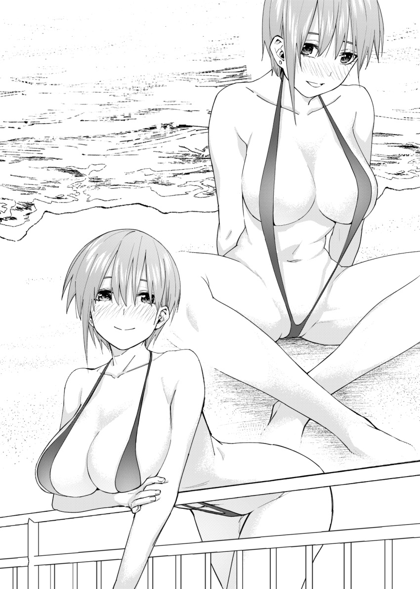 1girl arm_under_breasts arms_at_sides bangs bare_shoulders beach blush breasts cleavage closed_mouth collarbone commentary_request crossed_legs earrings eyelashes fence fingernails full-face_blush go-toubun_no_hanayome hair_between_eyes head_tilt highres jewelry kosmos_beta large_breasts leaning_forward legs looking_at_viewer monochrome nakano_ichika navel ocean open_mouth pussy pussy_peek short_hair simple_background single_sidelock slingshot slingshot_swimsuit smile solo stomach stud_earrings swimsuit thighs white_background