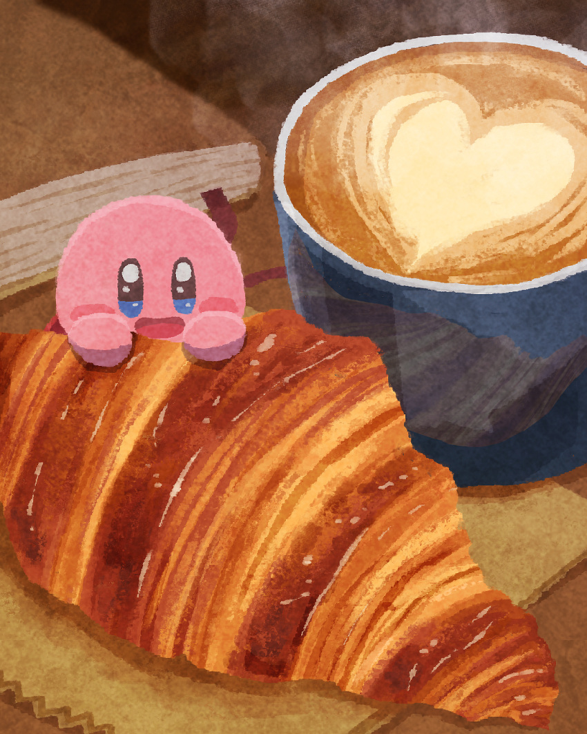 bread coffee coffee_mug croissant cup food food_focus highres kirby kirby's_dream_land kirby_(series) latte_art miclot mug steam table