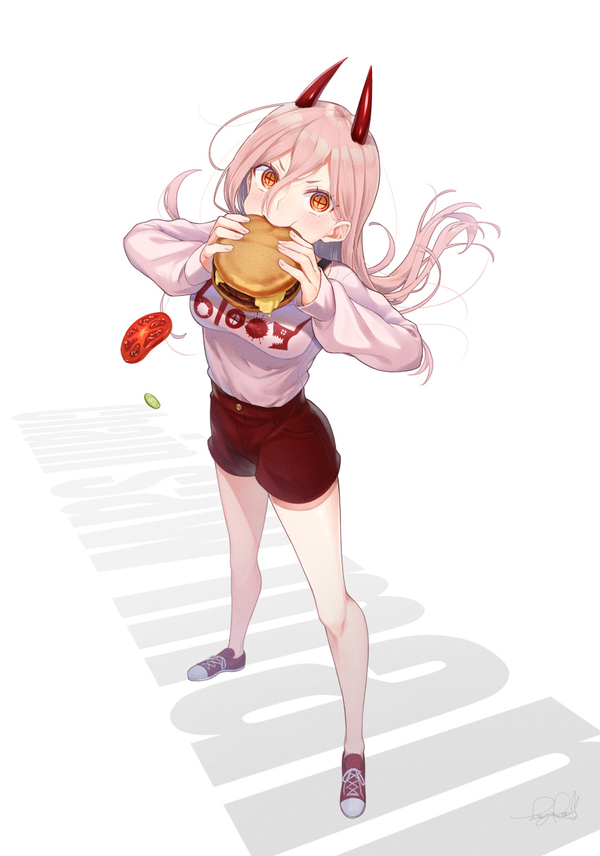 1girl absurdres biting burger chainsaw_man cucumber cucumber_slice eating food highres holding holding_food horns long_hair looking_at_viewer para_sitism pink_hair power_(chainsaw_man) red_shorts shoes shorts simple_background solo symbol-shaped_pupils tomato tomato_slice