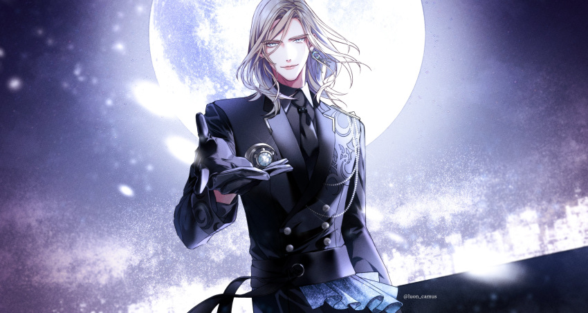 1boy absurdres bangs beckoning black_gloves black_jacket black_necktie black_shirt blue_eyes blue_gemstone buttons camus_(uta_no_prince-sama) collared_shirt crescent crescent_earrings double-breasted earrings full_moon gem gloves grey_hair highres jacket jewelry lapel_pin lapels lips looking_at_viewer luonnem male_focus medium_hair moon necktie night notched_lapels official_alternate_costume parted_bangs shirt single_earring sky smile solo star_(sky) starry_sky starry_sky_print twitter_username upper_body uta_no_prince-sama uta_no_prince-sama:_shining_live
