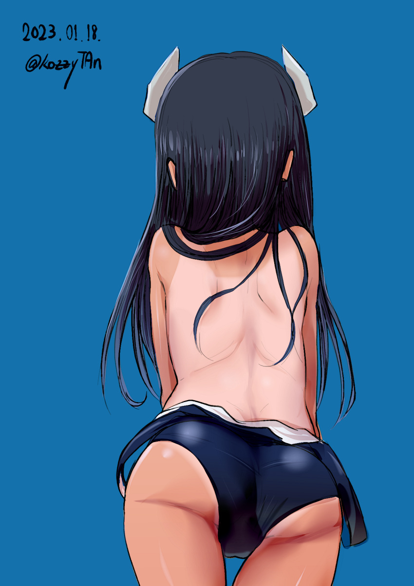 1girl ass black_hair blue_background blue_one-piece_swimsuit clothes_pull dated from_behind headgear highres i-400_(kancolle) kantai_collection kozzy.ta long_hair one-hour_drawing_challenge one-piece_swimsuit one-piece_swimsuit_pull one-piece_tan school_swimsuit signature solo swimsuit tan tanlines