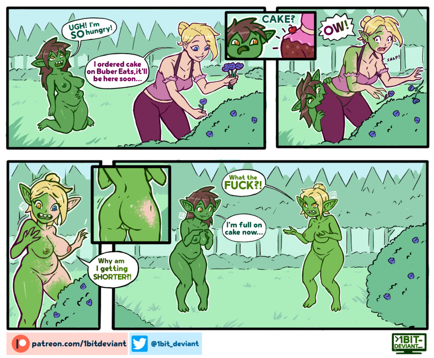 1bit-deviant 2023 annoyed assimilation blonde_hair blue_eyes bottomwear breasts butt_bite clothing comic cute_fangs detailed_background dialogue digital_media_(artwork) duo english_text female female/female flower forest genitals goblin green_body hair hi_res holding_flower holding_object human human_to_humanoid humanoid humanoid_pointy_ears mammal nipples not_furry nude open_mouth outside pants plant pussy red_hair short_stack shrinking size_transformation smile species_transformation surprise text transformation tree yellow_eyes