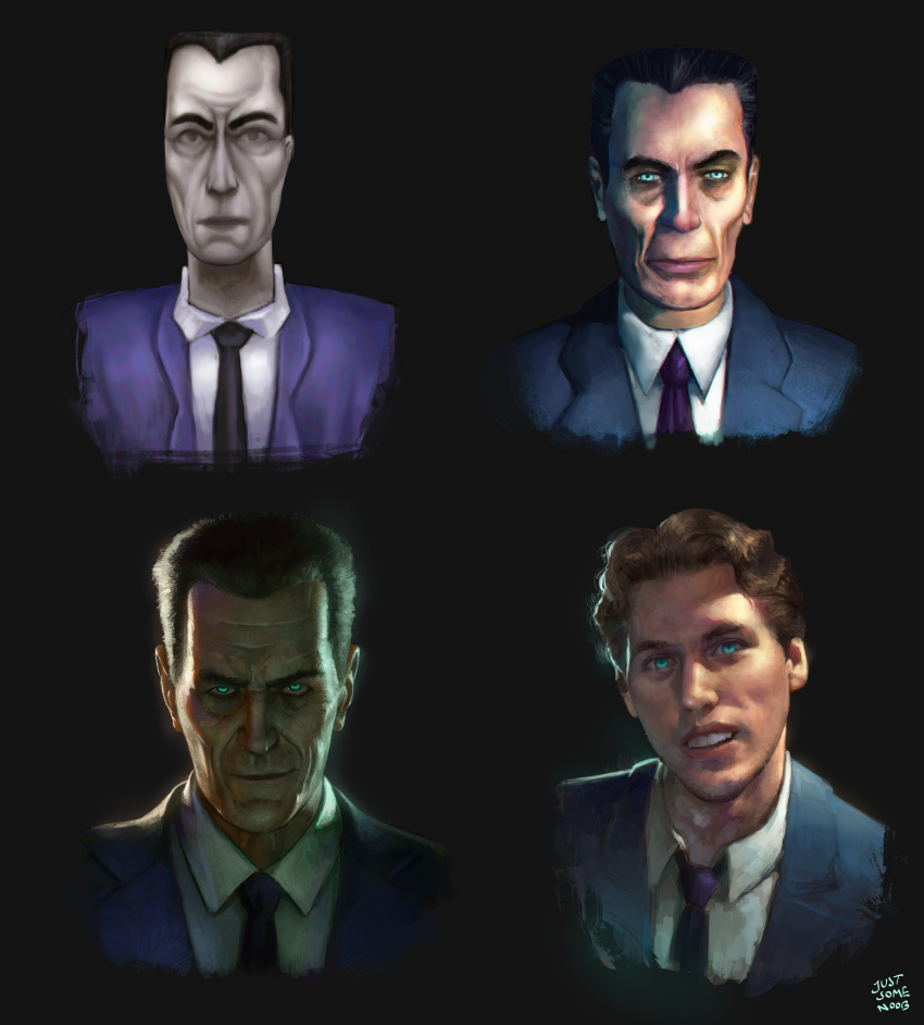 2boys absurdres alternate_form artist_name black_necktie blue_suit brush_stroke collared_shirt dress_shirt evil_smile formal g-man green_eyes hairline half-life half-life:_alyx half-life_2 head_tilt highres jerma985 jerma985_(person) justsomenoob looking_at_viewer low_poly multiple_boys multiple_persona multiple_style_parody multiple_views necktie official_style old old_man parody portrait purple_necktie real_life realistic shirt signature smile style_parody suit upper_body white_shirt wrinkled_skin