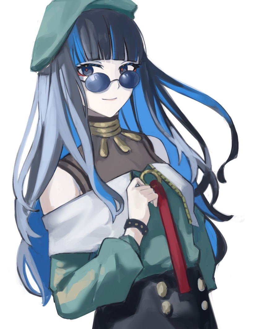 1girl bangs beret black_hair blue-tinted_eyewear blue_hair blunt_bangs colored_inner_hair commentary_request fate/grand_order fate_(series) green_headwear hat highres huitzilopochtli_(fate) long_hair multicolored_hair omame_korokor simple_background solo sunglasses tinted_eyewear white_background