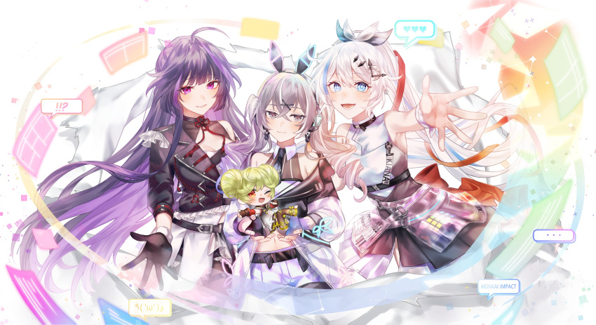 !? ... 4girls ;d abstract_background absurdres ahoge ai-chan_(honkai_impact) alternate_costume animal_ear_headphones animal_ears asymmetrical_clothes bangs bare_shoulders beads belt black_belt black_gloves black_jacket black_necktie bow breasts bronya_zaychik chibi cleavage cleavage_cutout clothing_cutout copyright_name cowboy_shot crescent crescent_pin detached_collar double_bun dress drill_hair earrings emoticon english_text fake_animal_ears fingerless_gloves footwear_bow frills gloves green_hair grey_eyes grey_hair hair_bow hair_bun hair_ornament hairpin handkerchief hata_(ohataa0) headphones heart high_ponytail highres honkai_(series) honkai_impact_3rd jacket jewelry kiana_kaslana kneehighs leaning_forward long_hair looking_at_viewer lower_teeth_only makeup_brush multicolored_hair multiple_girls musical_note name_tag necktie off_shoulder one_eye_closed open_mouth purple_eyes purple_hair rabbit_ear_headphones rabbit_ears raiden_mei reaching_towards_viewer red_ribbon red_trim ribbon see-through shorts smile socks spoken_ellipsis spoken_expression spoken_heart spoken_interrobang standing strap teeth twin_drills two-tone_hair very_long_hair white_shorts wristband x_hair_ornament