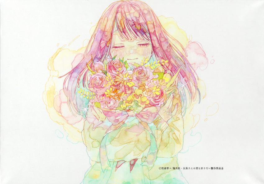 1girl absurdres acrylic_paint_(medium) bangs blush bouquet bow cardigan closed_eyes closed_mouth colored_pencil_(medium) colorful copyright copyright_name eyelashes facing_viewer fingernails floating_hair flower hair_spread_out highres holding holding_bouquet kubo-san_wa_mob_wo_yurusanai kubo_nagisa light_smile long_hair long_sleeves neckerchief object_hug official_art oka_yuuri open_cardigan open_clothes orange_flower painting_(medium) pink_bow pink_flower pink_rose pink_tulip puffy_long_sleeves puffy_sleeves purple_hair red_neckerchief rose scan school_uniform sleeves_past_wrists solo sparkle straight-on swept_bangs traditional_media tulip u_u upper_body watercolor_(medium) yellow_cardigan yellow_flower yellow_tulip