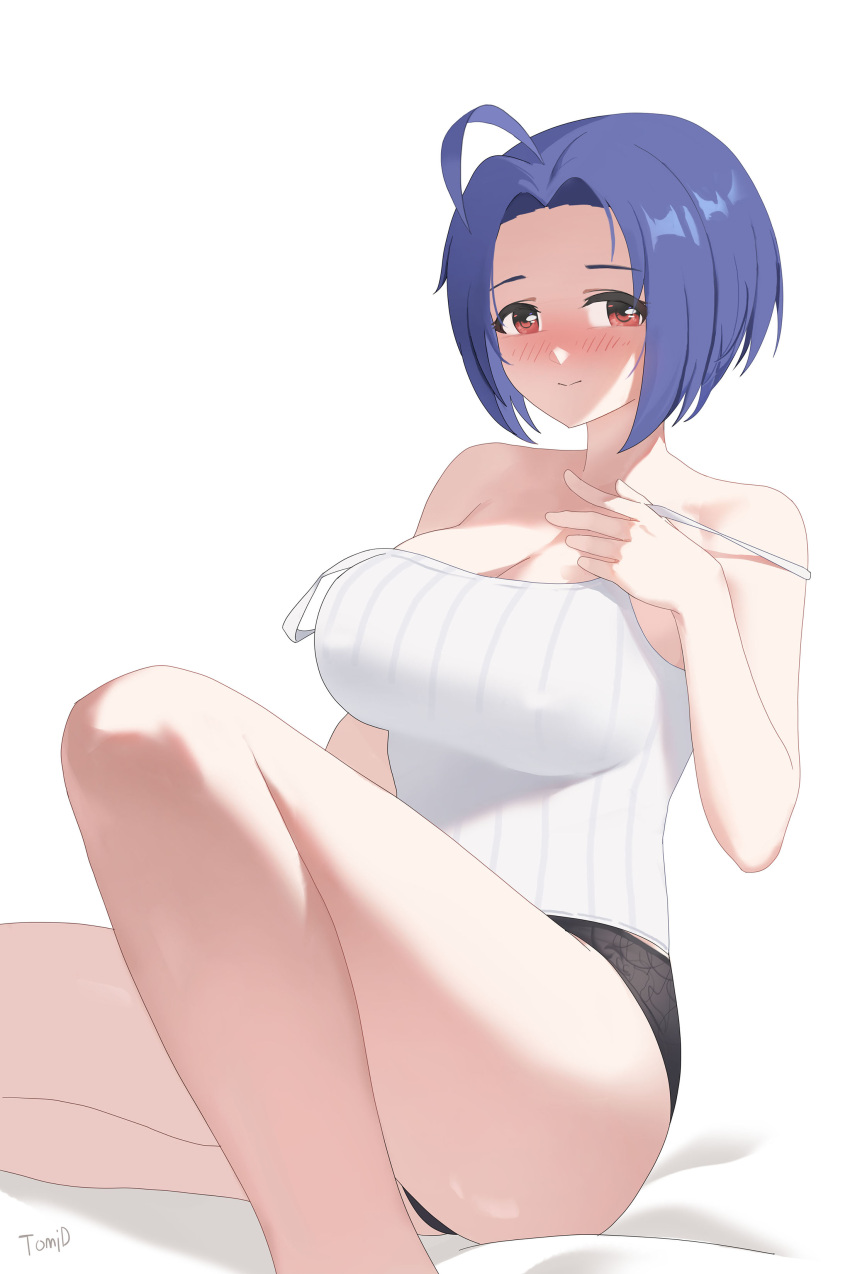 1girl absurdres ahoge artist_name bare_shoulders black_panties blue_hair blush breasts cleavage closed_mouth commentary_request hand_up highres idolmaster idolmaster_million_live! idolmaster_million_live!_theater_days knee_up large_breasts looking_at_viewer miura_azusa no_pants panties pulled_by_self red_eyes shirt short_hair simple_background sitting solo strap_pull strap_slip tomid underwear white_background white_shirt