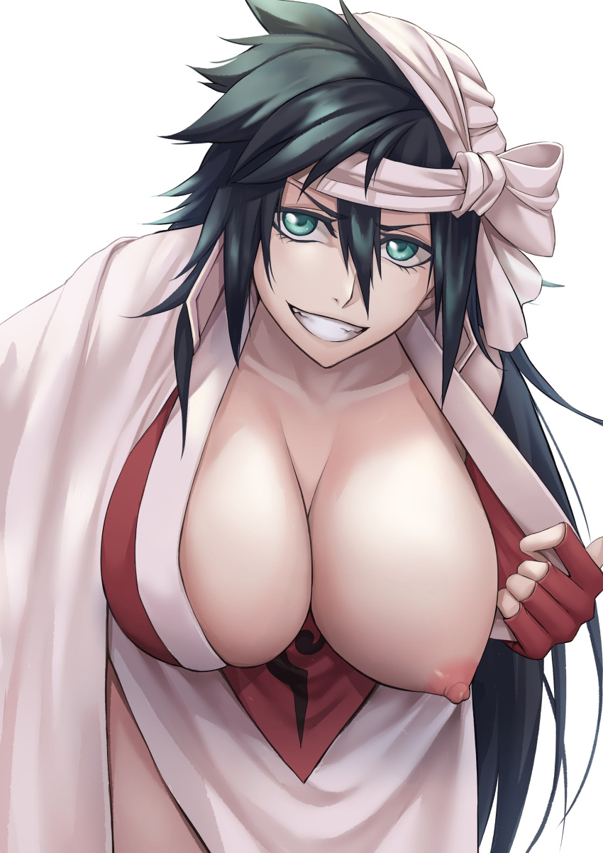 1girl absurdres bandaged_head bandages black_hair bleach breasts cleavage fingerless_gloves gloves grin hair_between_eyes highres large_breasts long_hair looking_at_viewer messy_hair nipples red_gloves sakuya_(liao_kj) shiba_kuukaku simple_background smile white_background