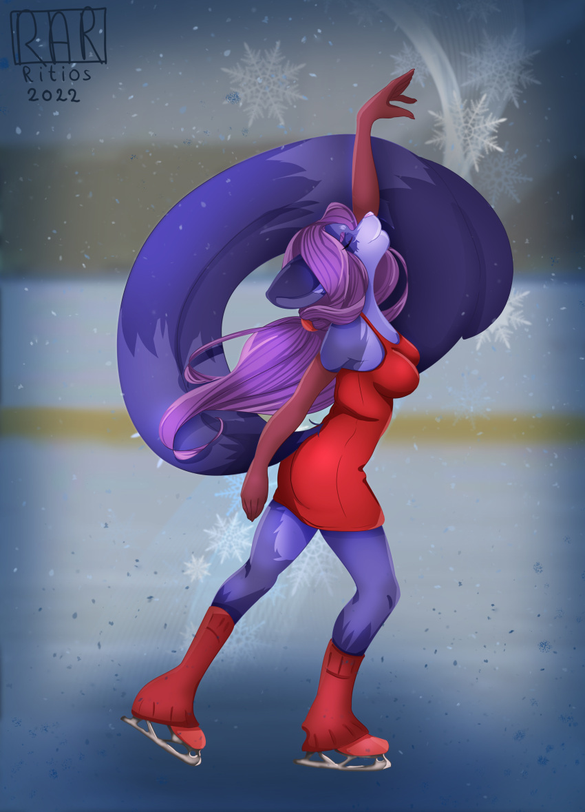 absurd_res anthro breasts butt clothed clothing dancing dress enjoyment female figurine footwear graceful hi_res ice invalid_tag mammal procyonid raccoon ritios ritios_(character) skating smile snow socks solo