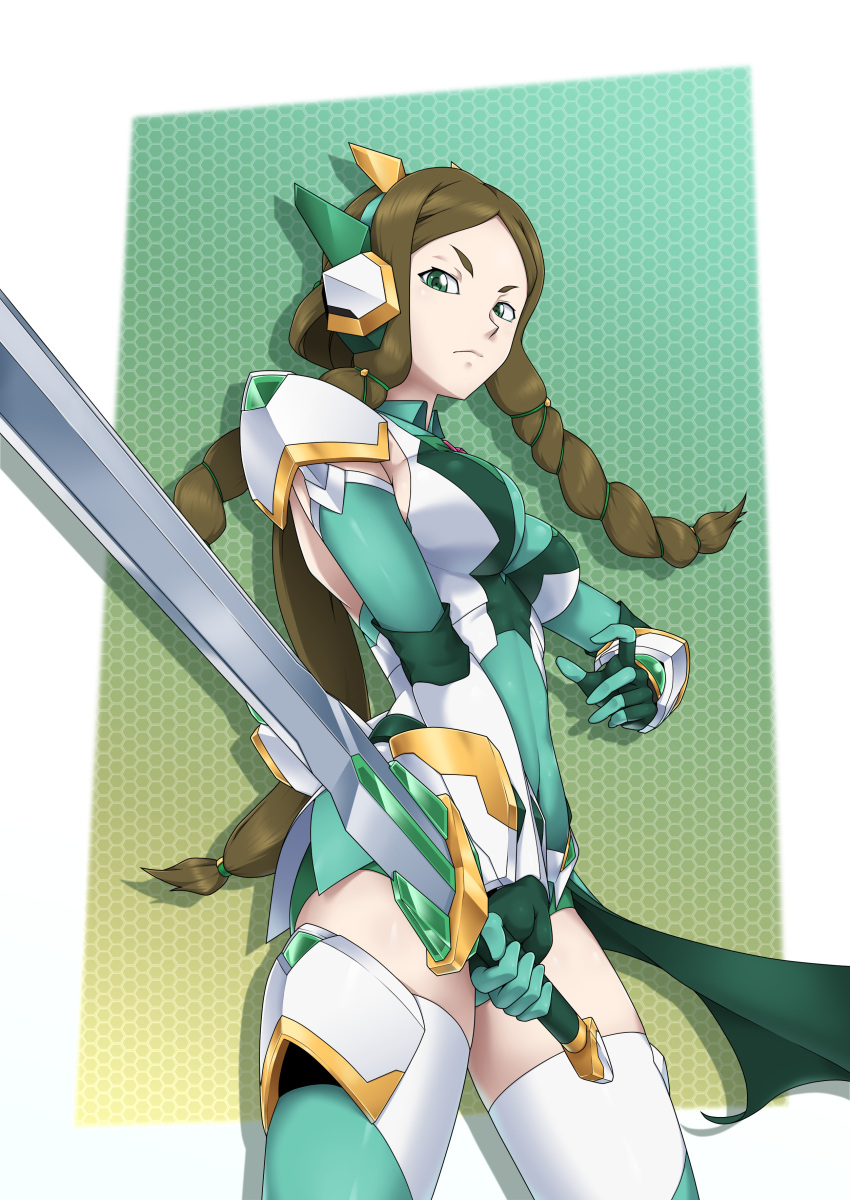 1girl absurdres alternate_costume alternate_universe bangs breasts brown_hair elbow_gloves frown gloves green_eyes green_gloves green_leotard highres holding holding_sword holding_weapon humanization leotard long_hair looking_at_viewer low-tied_long_hair medium_breasts parted_bangs phara_suyuf senki_zesshou_symphogear sidelocks solo sword thighhighs v-shaped_eyebrows weapon yuuyatails