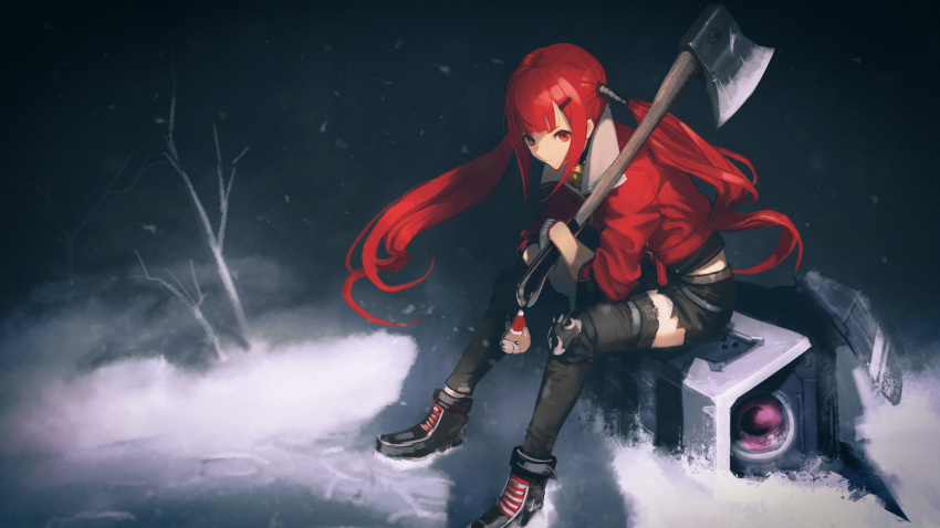 1girl absurdres axe bangs bell black_footwear black_shorts black_thighhighs boots closed_mouth cutoffs cz75_(girls'_frontline) cz75_(winter_forager)_(girls'_frontline) dinergate_(girls'_frontline) footprints frown girls'_frontline gloves hair_ornament hairclip hara_shoutarou highres holding holding_axe jacket knee_pads long_hair long_sleeves looking_at_viewer neck_bell outdoors red_eyes red_hair red_jacket short_shorts shorts single_knee_pad sitting snow solo thighhighs twintails