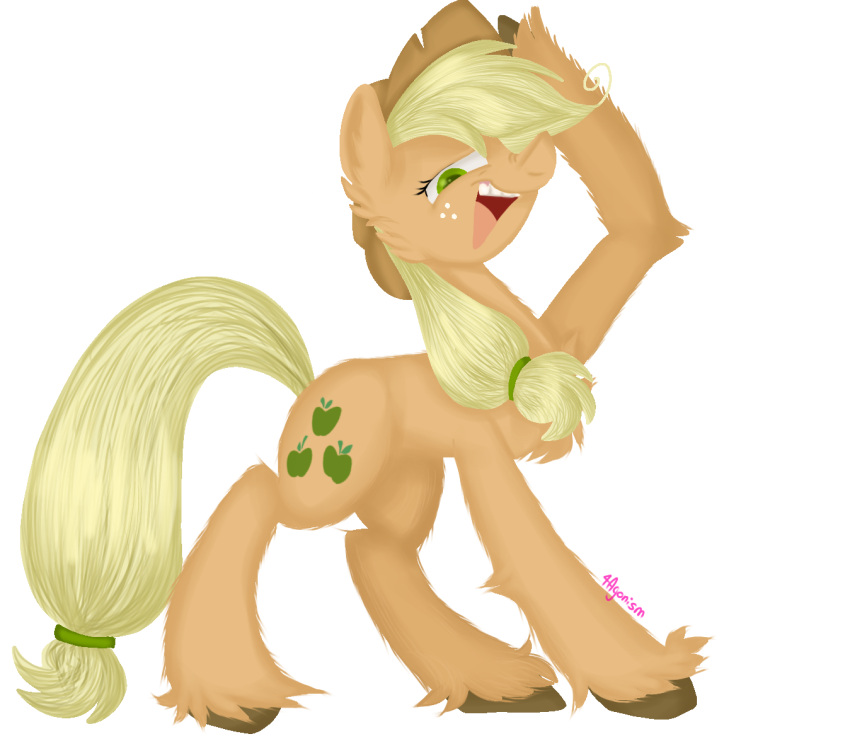 2022 4agonism arm_tuft blonde_hair brown_hooves cheek_tuft chest_tuft clothing cowboy_hat cutie_mark digital_drawing_(artwork) digital_media_(artwork) earth_pony elbow_tuft equid equine facial_tuft female feral fetlocks freckles friendship_is_magic full-length_portrait fur green_eyes grin hair hand_on_head hasbro hat headgear headwear hooves horn horse leg_fluff looking_at_viewer mammal mean_applejack_(mlp) my_little_pony open_mouth open_smile orange_body orange_fur pony ponytail portrait pose quadruped raised_hoof shoulder_fluff simple_background smile solo tail tuft white_background yellow_tail