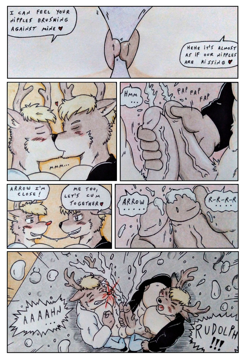 &lt;3 absurd_res alley anthro antlers arrow_(rudolph) athletic athletic_anthro athletic_male balls balls_touching black_nose blonde_hair blush blush_lines bodily_fluids brown_body brown_eyes brown_fur brown_nipples brown_penis capreoline clothed clothing comic comic_panel cum cumming_together cumshot dashthefox deer dialogue dramatic duo ejaculation erect_nipples frottage fur genital_fluids genitals glowing glowing_nose hair hi_res high-angle_view horn horny huge_pecs intense jacket kiss_on_lips kissing leather leather_clothing leather_jacket leather_topwear looking_pleasured male male/male mammal manly moan motion_lines muscular nipple_fetish nipple_pinch nipple_play nipples nipples_touching open_clothing open_jacket open_topwear pecs pecs_touching penis pinch precum public public_nudity public_sex red_nose reindeer romantic rudolph_the_red-nosed_reindeer saliva saliva_string screaming sex speech_bubble sweat sweatdrop topwear traditional_media_(artwork) vein veiny_penis