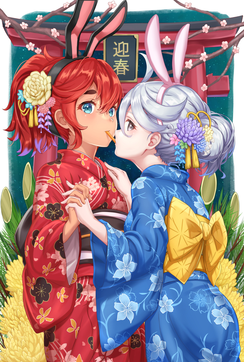 2girls absurdres ahoge alternate_costume animal_ears aqua_eyes blue_kimono branch cherry_blossoms chinese_zodiac commentary_request fake_animal_ears floral_print flower food grey_eyes grey_hair gundam gundam_suisei_no_majo hair_between_eyes hair_bun hair_flower hair_ornament hand_on_another's_shoulder high_ponytail highres holding_hands incoming_pocky_kiss interlocked_fingers japanese_clothes kadomatsu kimono long_sleeves looking_at_viewer looking_back miorine_rembran multiple_girls new_year obi pocky pocky_kiss ponytail print_kimono rabbit_ears red_hair red_kimono sash shared_food sideways_glance single_hair_bun suletta_mercury thick_eyebrows torii wide_sleeves year_of_the_rabbit yukata yuri zawa_(user_ndkv3377)